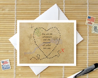 You Are The Adventure And The Treasure // Romantic Pirate Map Birthday, Valentine, Anniversary or Fathers Day Card for Him or Her