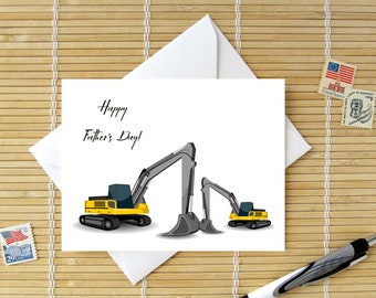 Happy Father's Day - Construction Earth Mover Backhoe Card For Dad // Father and Son Construction Digger Big and Little Heavy Machinery Dirt