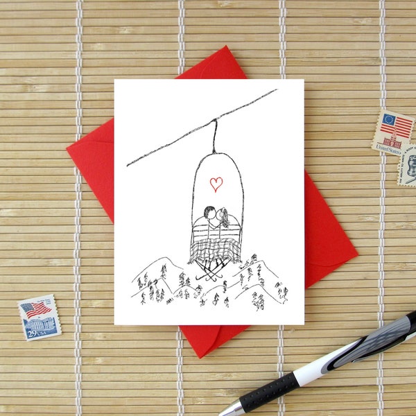 Canoodle Doodles No. 7 - Ski Lift // Romantic Christmas, Valentine, Birthday, Anniversary, Engagement, or Bridal Shower card for Him or Her