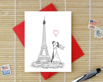 Canoodle Doodles No. 9 - Bride and Groom at Paris Eiffel Tower // Valentine Anniversary Engagement or Bridal Shower card for Him or Her