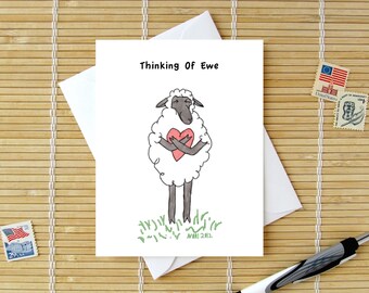 Nori's Critters 43 Sheep Hugging A Heart / Sweet Animal Card / Kid's Valentine Pun Card or Thinking Of Ewe / Choose caption and sheep color