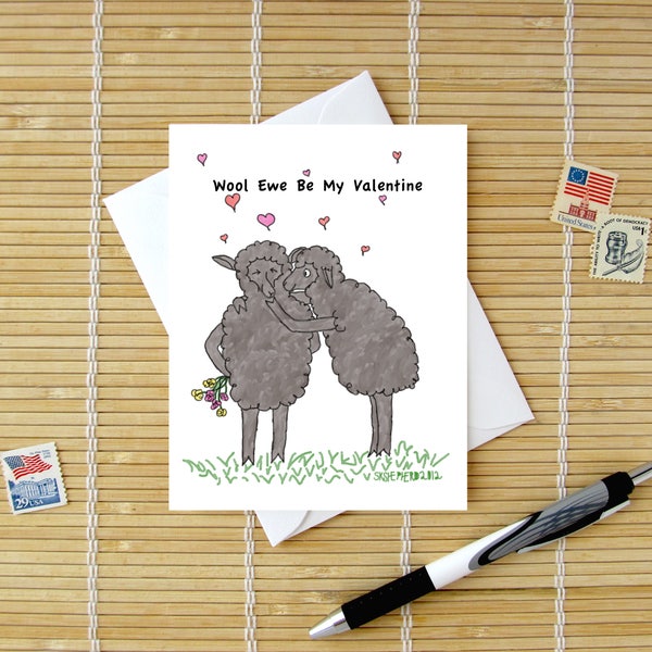Wool Ewe Be My Valentine / Romantic Hugging Sheep Card / white or black sheep / choose caption / Valentine Birthday Anniversary Engagement