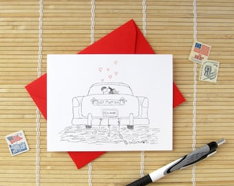 Canoodle Doodles No. 3 - Wedding Getaway Car // Love 4 Ever License Plate // JUST MARRIED card for newlyweds
