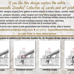 May include: A promotional graphic for Canoodle Doodles cards and art prints featuring text and four illustrations of a couple at the Brooklyn Bridge. The variations include a basic couple, a Christmas version, a wedding couple, and a proposal version.