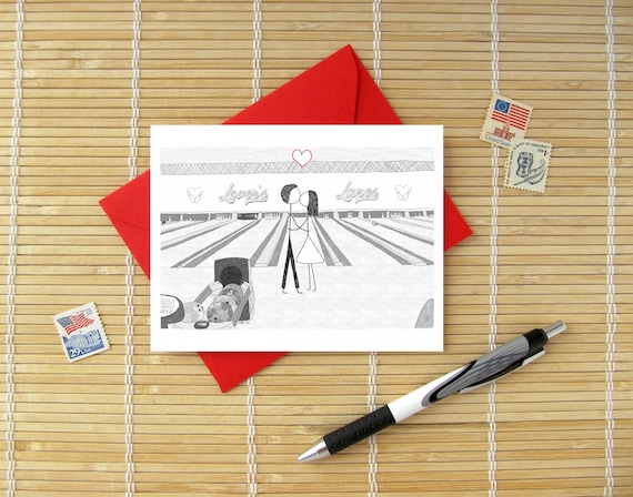 Canoodle Doodles No. 116 - Bowling Alley Kiss // Romantic Valentine, Birthday, Anniversary, Engagement or Bridal Shower card for Him or Her