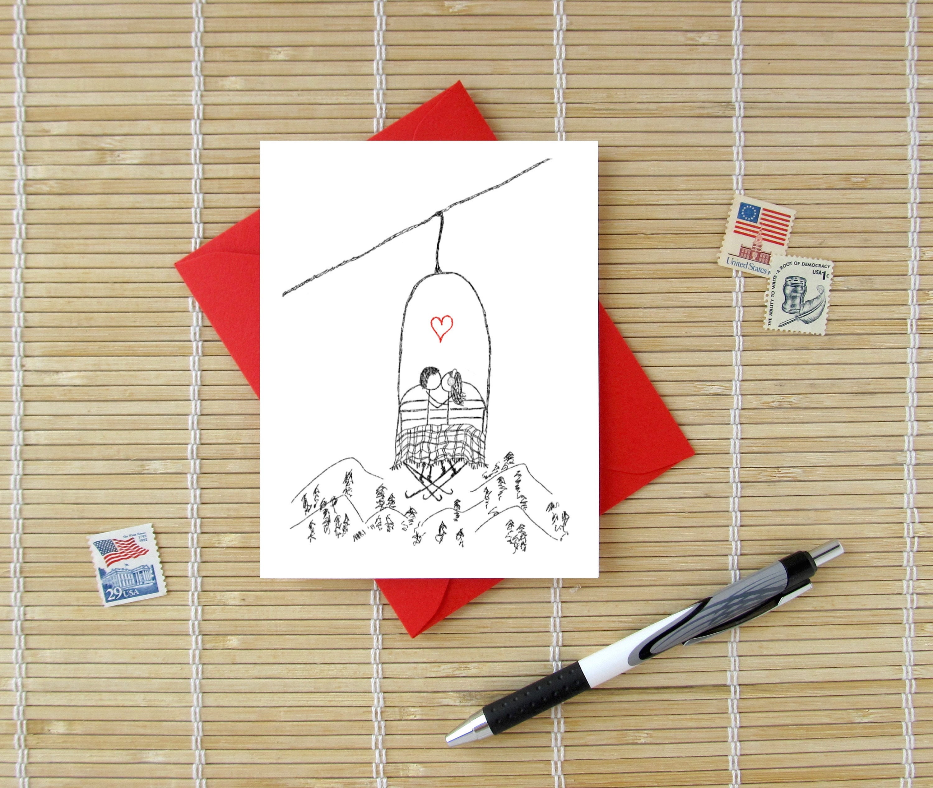 Canoodle Doodles No. 7 - Ski Lift // Romantic Christmas, Valentine, Birthday, Anniversary, Engagement, or Bridal Shower card for Him or Her
