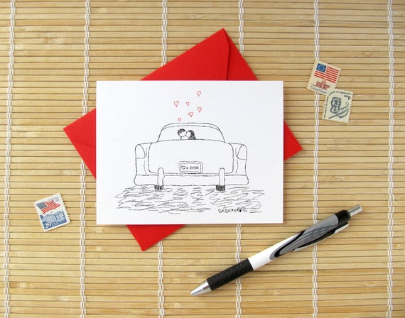 Classic Car CUSTOM License Plate Valentine Birthday Anniversary Engagement Bridal Shower card for Him or Her 3 Canoodle Doodles No