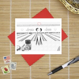 Canoodle Doodles No. 116 - Bowling Alley Kiss // Romantic Valentine, Birthday, Anniversary, Engagement or Bridal Shower card for Him or Her 2 men couple