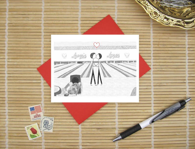 Canoodle Doodles No. 116 - Bowling Alley Kiss // Romantic Valentine, Birthday, Anniversary, Engagement or Bridal Shower card for Him or Her 2 men couple
