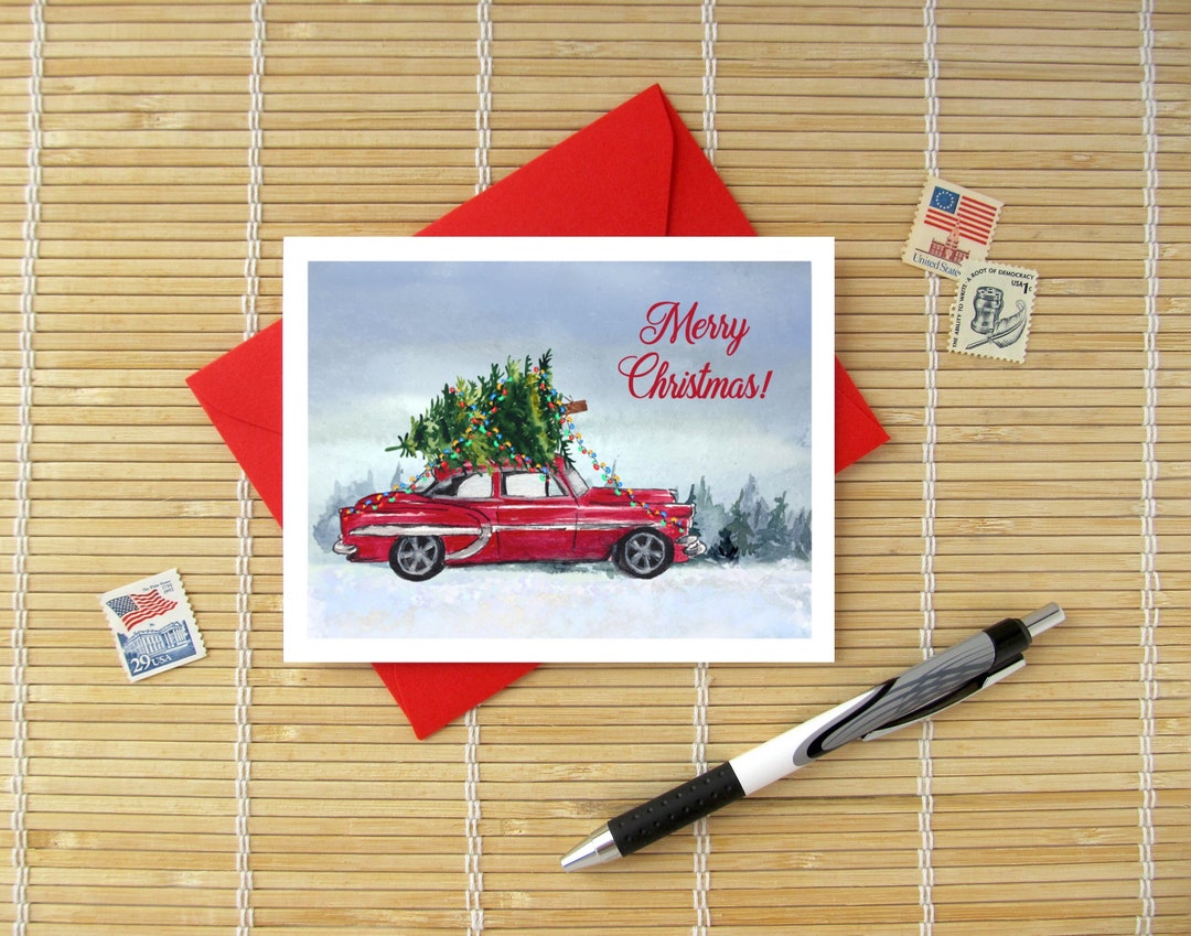 Vintage Car With Christmas Tree on Top / Funny Retro Humorous Classic