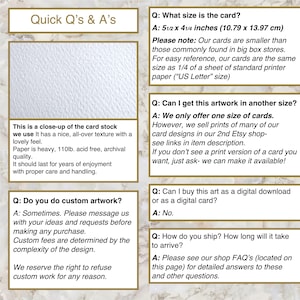 May include: An informational graphic titled Quick Q's & A's featuring text about card stock, dimensions of 5 1/2 x 4 1/4 inches, and shop policies. The image includes a close-up view of white textured paper and several questions and answers.