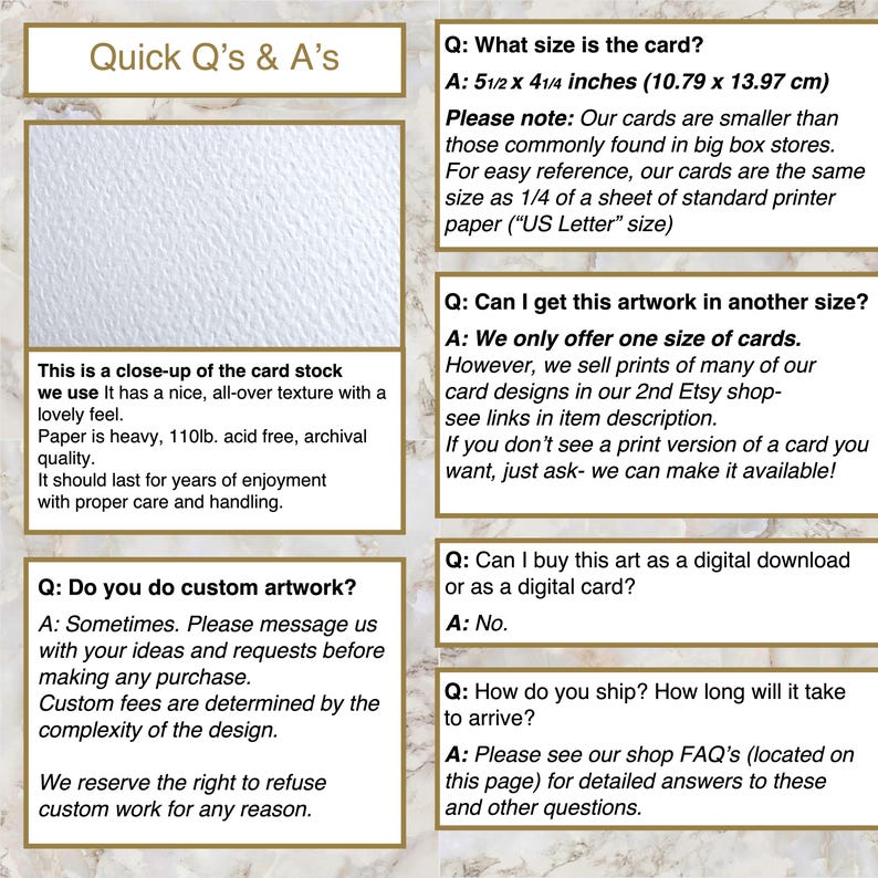 May include: An informational graphic titled Quick Q's & A's featuring text about card stock, dimensions of 5 1/2 x 4 1/4 inches, and shop policies. The image includes a close-up view of white textured paper and several questions and answers.