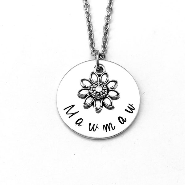 Mawmaw Necklace, Hand Stamped Sunflower Necklace, Gift for Mawmaw, Grandmother Jewelry,  Mother's Day Present, Pregnancy Reveal