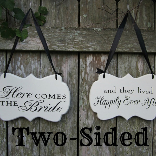 Here Comes The Bride and they lived Happily Ever After Double Sided Decorative Wooden Wedding Sign - Ring Bearer Sign - Flower Girl Sign
