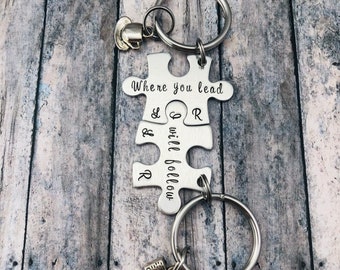 Where you lead, I will follow, Personalized Puzzle Piece Keychains, Mother's Day Gift, Mother Daughter Keychain, Pop Culture Gift