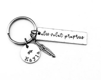 alis volat propriis, Personalized Hand Stamped Graduation Keychain, Gift for Her, She flies with her own wings, Self Reliance, Inspirational