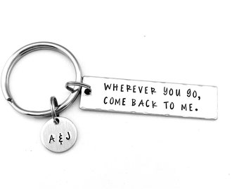 Wherever you go, come back to me.  Boyfriend Gift, Hand Stamped Initial Keychain, Long Distance, Best Friend, Military Deployment,