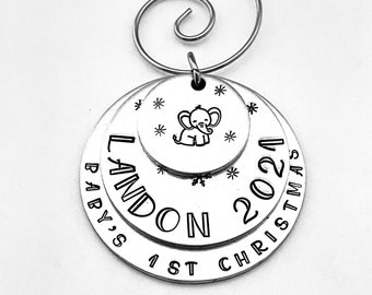 Baby's 1st Christmas, Personalized Hand Stamped Baby's First Christmas Ornament, Custom Ornament, New Baby Elephant Ornament, New Baby Gift