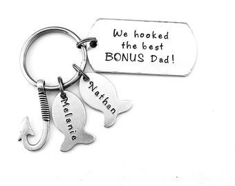 We hooked the best BONUS Dad, Fishing Keychain, Personalized Bonus Dad Fathers Day Gift, Step Dad Keychain
