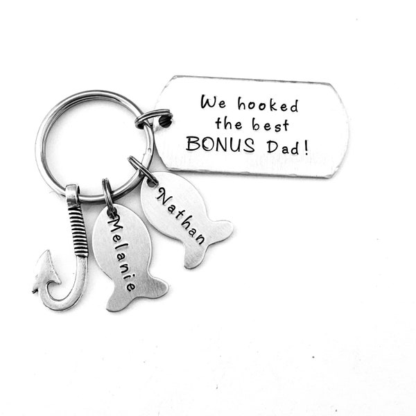 We hooked the best BONUS Dad, Fishing Keychain, Personalized Bonus Dad Fathers Day Gift, Step Dad Keychain