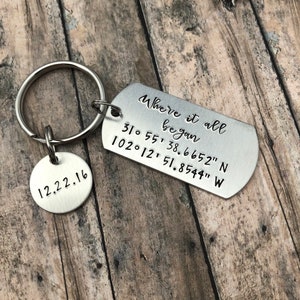 May include: Silver keychain with a round tag that says "12.22.16" and a rectangular tag that says "Where it all began 31°55'38.6652" N 102°12′51.8544" W"