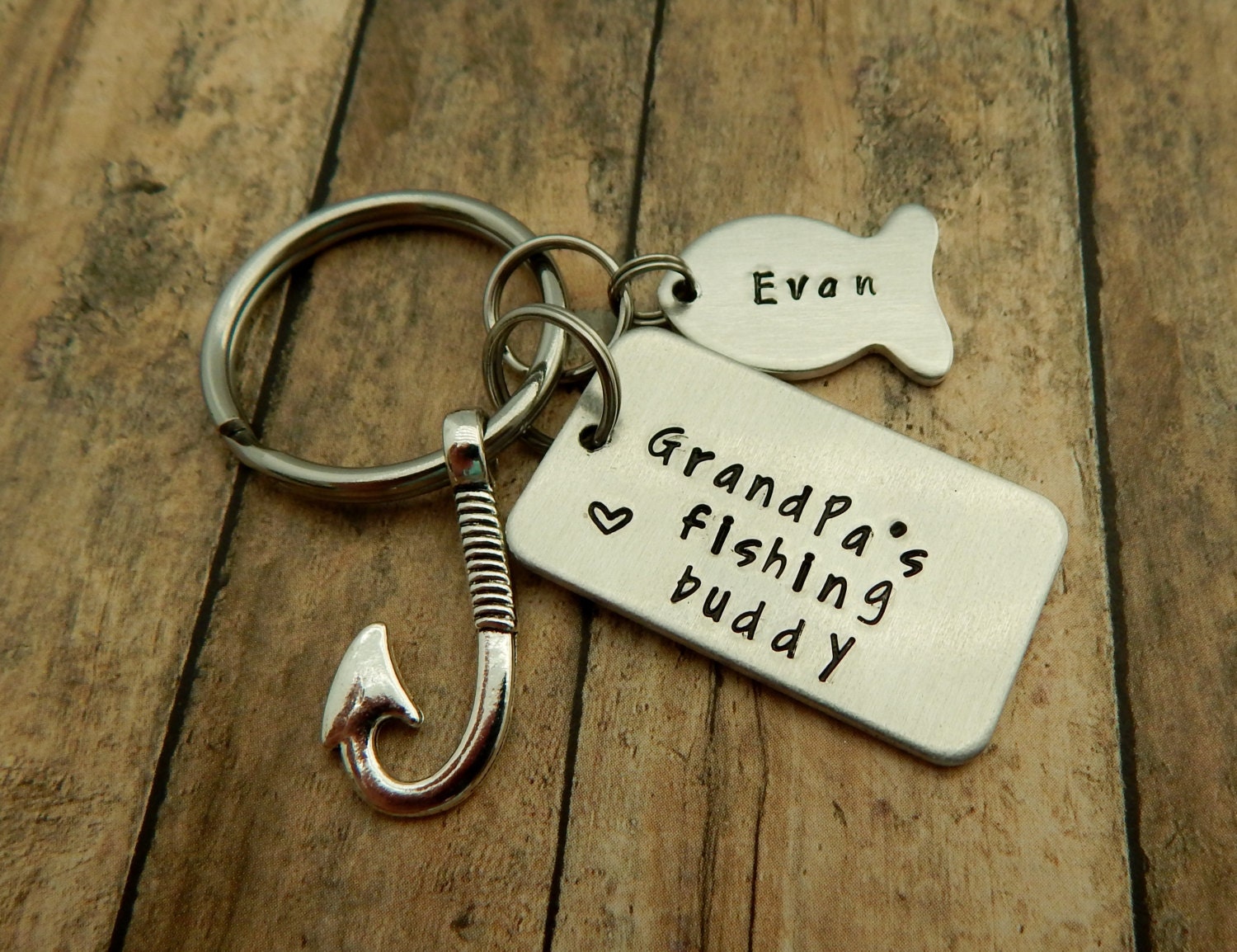 Grandpa's fishing buddy - Hand Stamped Fishing Keychain - Grandfa…