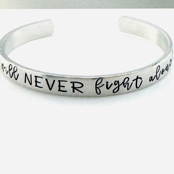 She will NEVER fight alone - Breast Cancer Awareness - Survivor - Warrior Bracelet - Hand Stamped Bracelet with Cancer Awareness Ribbon