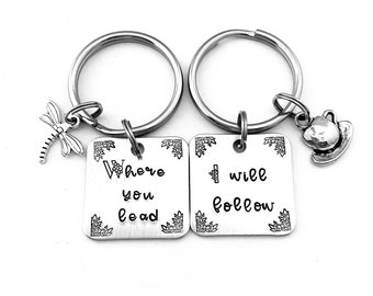 Where you lead, I will follow, Custom Hand Stamped Keychains, Mother's Day Gift, Mother Daughter Keychains, Pop Culture Key Chains