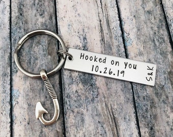 Hooked on you,  Personalized Fishing Keychain with Initials and Date