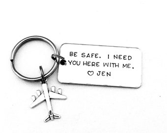 Air Force Keychain, Be safe. I need you here with me., Personalized Hand Stamped Keychain, Airman Boyfriend Gift, Anniversary Gift