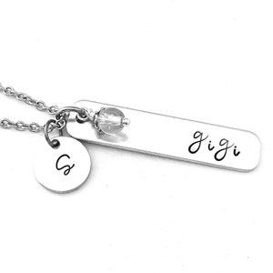 gigi Necklace, Hand Stamped Bar Necklace Crystal Charm and Initial Charm, Gigi Jewelry, Mother's Day Gift, Pregnancy Reveal