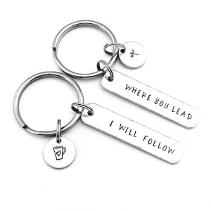 Mother Daughter Keychains, Where You Lead I Will Follow, Set of 2 Hand Stamped Key Chains, Best Friend Gift, Mother's Day Gift, Pop Culture