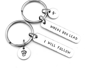 Mother Daughter Keychains, Where You Lead I Will Follow, Set of 2 Hand Stamped Key Chains, Best Friend Gift, Mother's Day Gift, Pop Culture