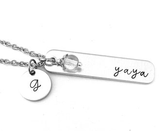 yaya Necklace, Hand Stamped Bar Necklace Clear Crystal Charm and Initial Charm, Yaya Jewelry, Mother's Day Gift, Grandmother Gift