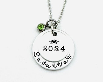 Class of 2024, Personalized Hand Stamped Graduation Necklace, High School Senior Birthstone Necklace, College Necklace, Grad Year Jewelry