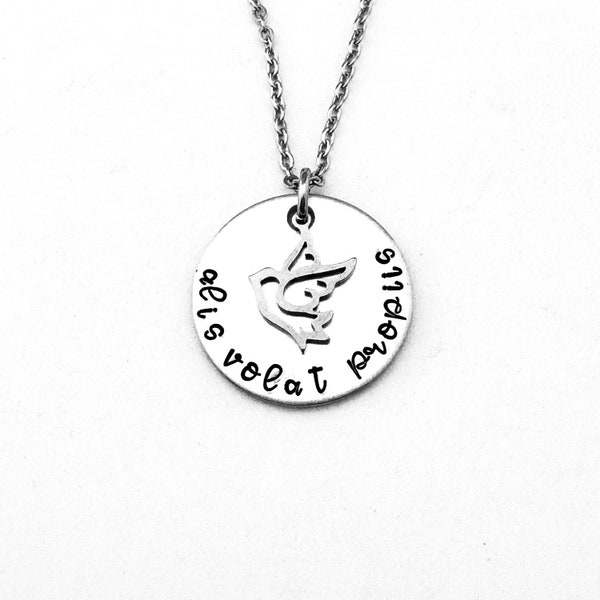 alis volat propriis, Hand Stamped Necklace, She flies with her own wings, Graduation Gift, Latin Quote Jewelry, Self Reliant, Inspirational