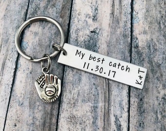 My best catch, Personalized Baseball Keychain with Initials and Date