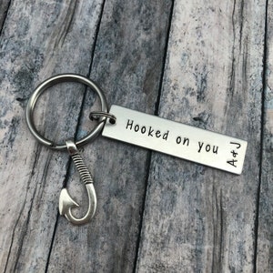 Hooked on you, Personalized Hand Stamped Fishing Keychain