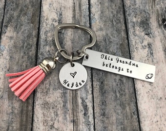 This Grandma belongs to, Personalized Custom Hand Stamped Keychain