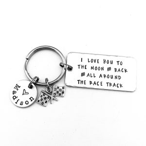I love you to the moon and back and all around the race track, Personalized Hand Stamped Racing Fan Keychain, Anniversary Gift, Valentine