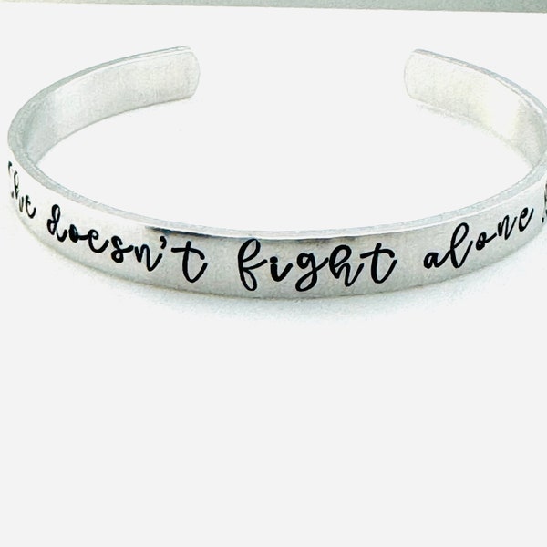 She doesn't fight alone - Breast Cancer Awareness - Survivor - Warrior Bracelet - Hand Stamped Bracelet with Cancer Awareness Ribbon