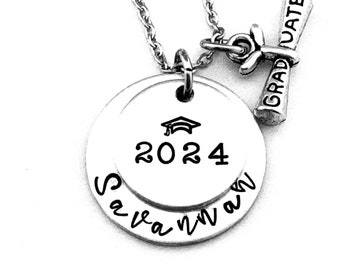 Class of 2024, Personalized Hand Stamped Graduation Necklace, High School Senior Diploma Necklace, College Necklace, Grad Year Jewelry