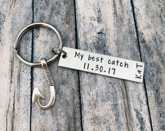 MY BEST CATCH Personalized Fishing Keychain, Gift for Boyfriend, Gift for Husband, Anniversary Gift, Hand Stamped Custom Fishing Key Chain