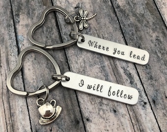 Mother Daughter Keychains, Where You Lead I Will Follow, Set of 2 Hand Stamped Key Chains, Best Friend Gift, Mother's Day Gift, Pop Culture