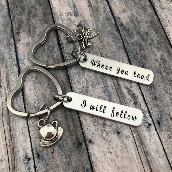 Mother Daughter Keychains, Where You Lead I Will Follow, Set of 2 Hand Stamped Key Chains, Best Friend Gift, Mother's Day Gift, Pop Culture