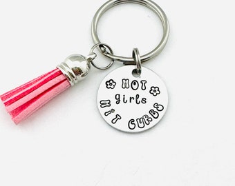 Hot girls Hit Curbs, Hand Stamped Keychain, Funny Keychain, Sweet 16 Gift, Bad Driver Gift, Teenager Accessory, Best Friend Gift, Retro Gift