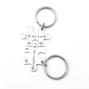 I'll be back. I'll be waiting., Long Distance Keychains, Couples Key Chain, Personalized Puzzle Piece Initial Keychain, Deployment Gift