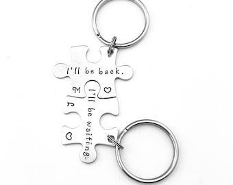 I'll be back. I'll be waiting., Long Distance Keychains, Couples Key Chain, Personalized Puzzle Piece Initial Keychain, Deployment Gift