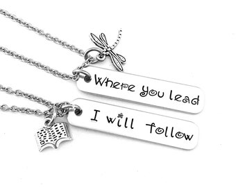 Where you lead I will follow, Hand Stamped Necklace, Mother Daughter Jewelry, Mother's Day, Pop Culture, Dragonfly, Book, Coffee Cup