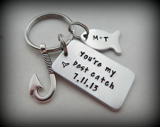 You're my best catch with Anniversary Date - Personalized Hand Stamped Fishing Keychain - Anniversary Gift - Valentine's Day